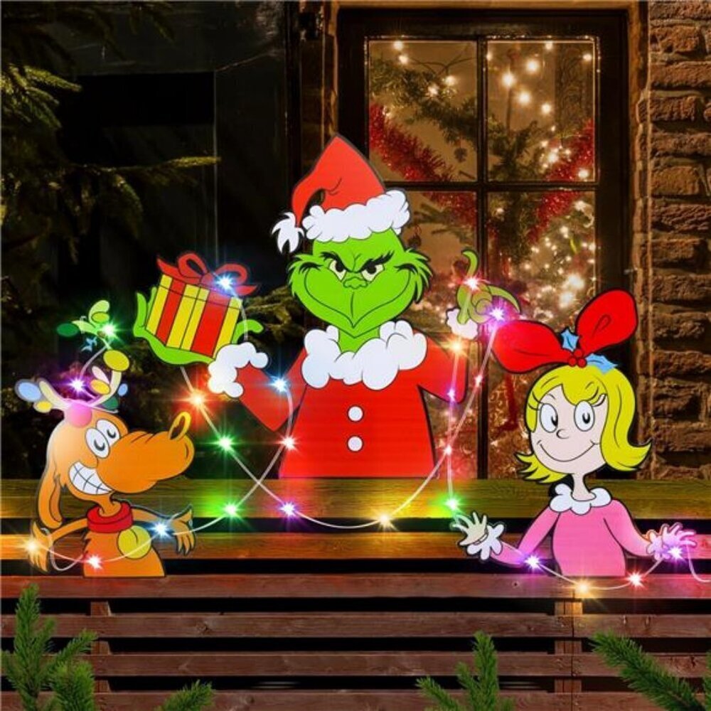 3pcs Grinchmas Fence Peeker with LED String Lights for Outdoor Indoor Door